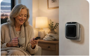 Woman using the HeatMe Pro Portable Heater remote control in a warm Australian lounge